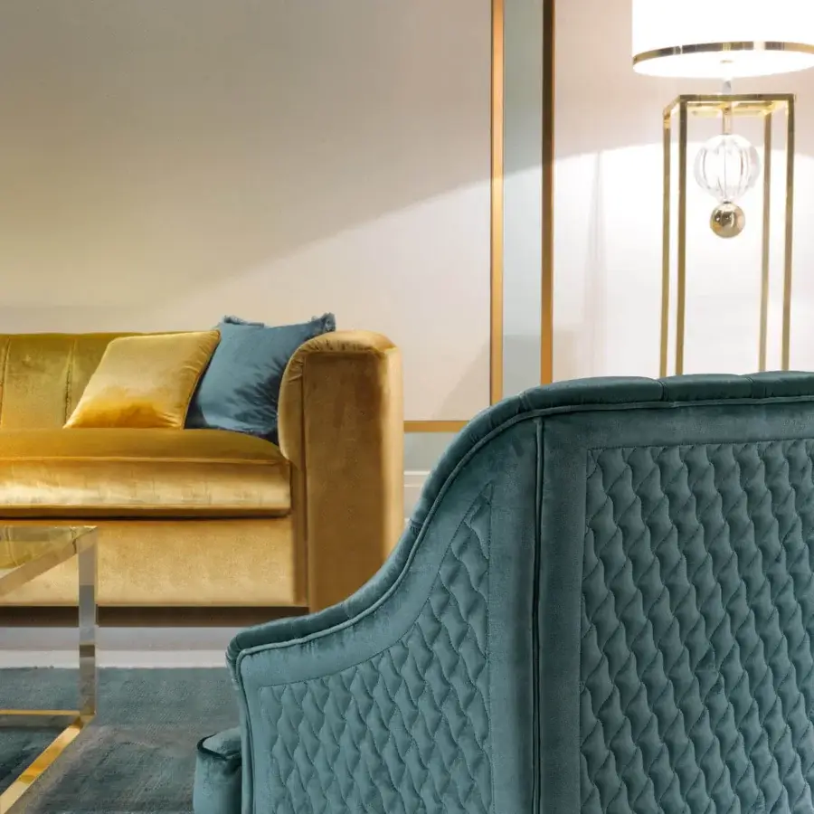 Exceptional Zanaboni Magritte sofa with golden-yellow velvet upholstery and gold-finish metal feet crafted in Italy