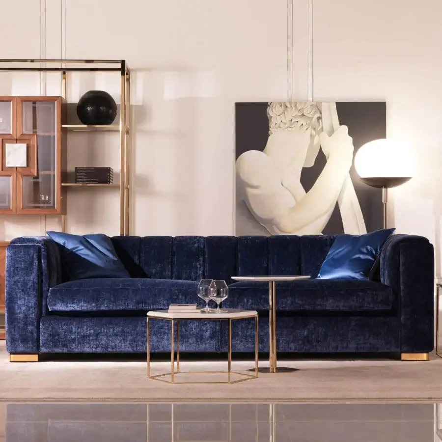 Lavish Zanaboni Magritte sofa with deep blue velvet upholstery and discreet gold-finish metal feet