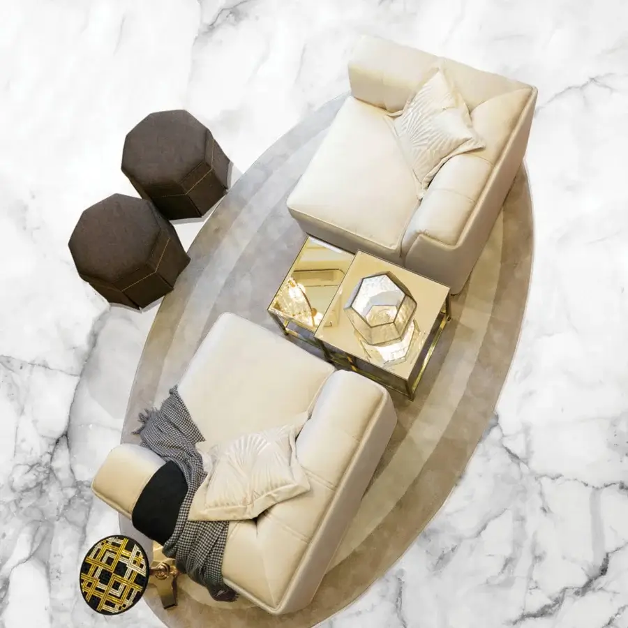 Exceptional Zanaboni Magritte corner lounge chair crafted in creamy off-white textile with gold-finish metal feet and double vertical embroidery