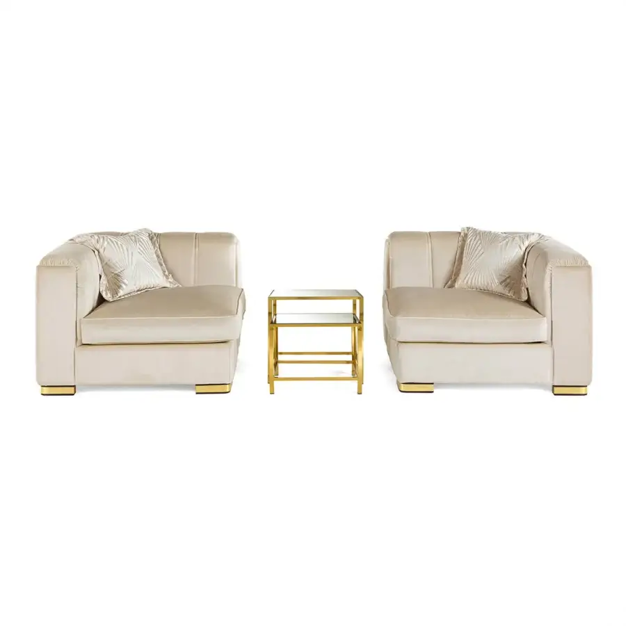 Distinctive Zanaboni Magritte corner lounge chair crafted in plush beige upholstery with gold-finish metal base and double vertical embroidery