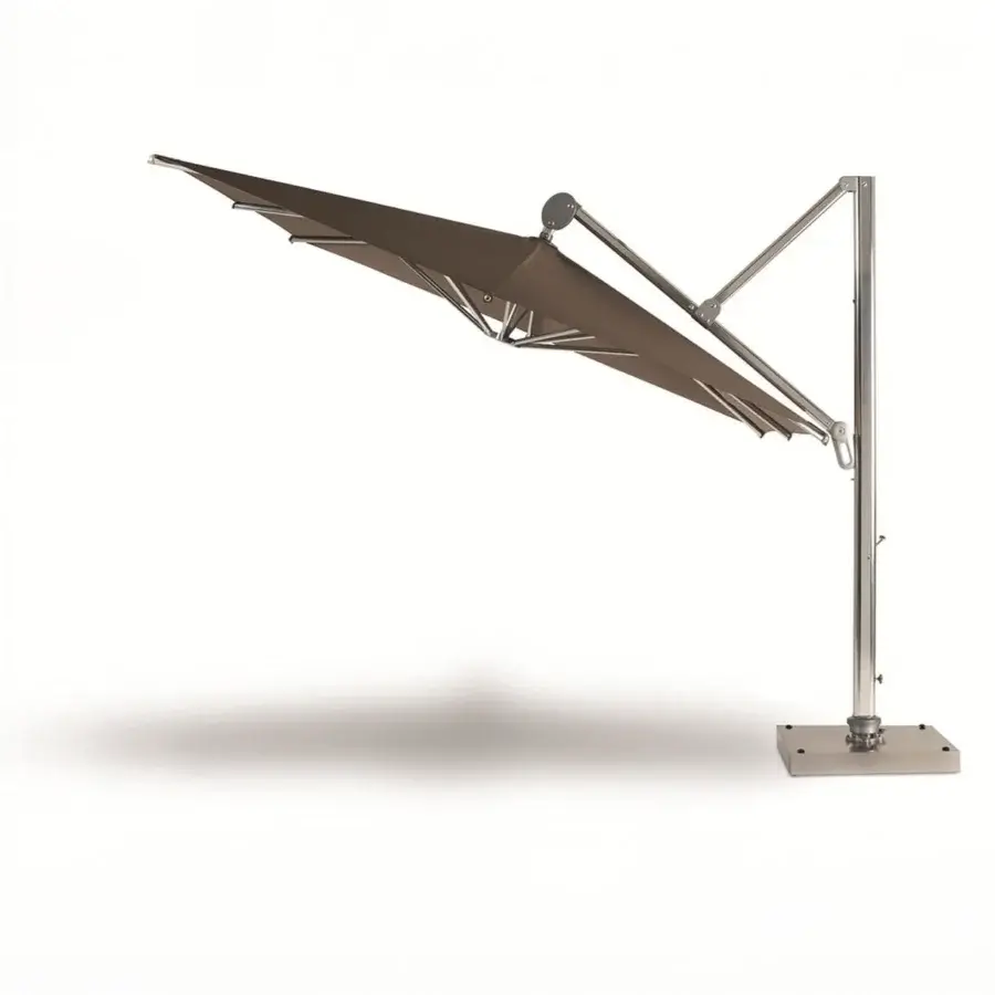 Architectural Ethimo Freedom umbrella with light alloy metal framework and muted brown textile canopy in satin finish