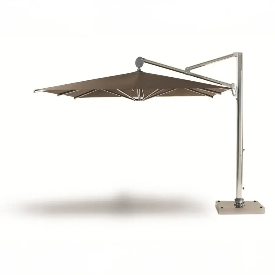 Elegant Ethimo Freedom umbrella with light gray metal framework and muted brown woven canopy offering adjustable coverage