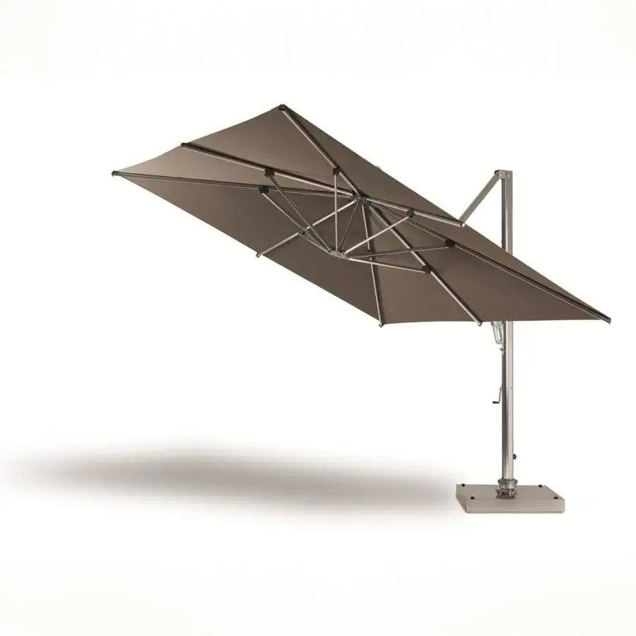 Innovative Ethimo Freedom umbrella crafted in Italy with a taupe textile canopy and light gray metal frame