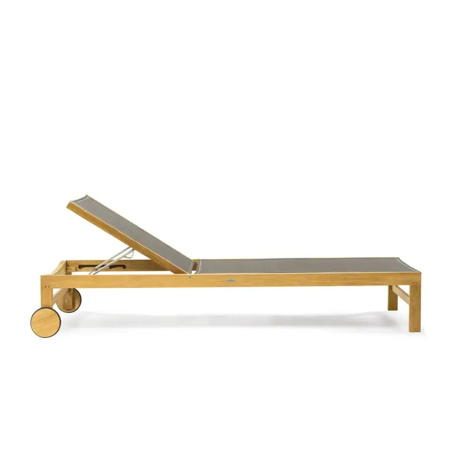 Distinguished Ethimo Sand lounger crafted with a satin wooden frame and comfortably taut gray textile surface
