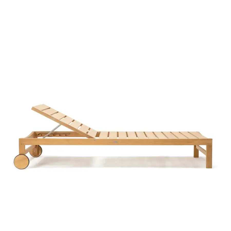 Elegant Ethimo Sand lounger crafted in Italy with warm medium-toned wood and a smooth satin finish