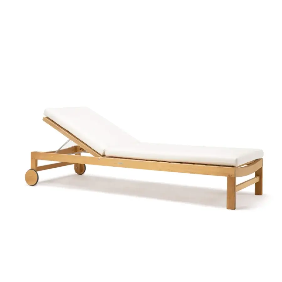 Exceptional Ethimo Sand lounger crafted in Italy with warm light brown wood and a smooth satin finish