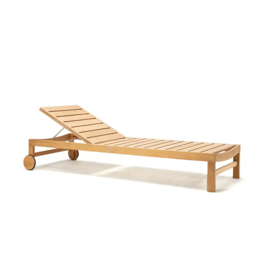 Distinguished Ethimo Sand lounger crafted in Italy with warm medium-toned brown wood and satin finish