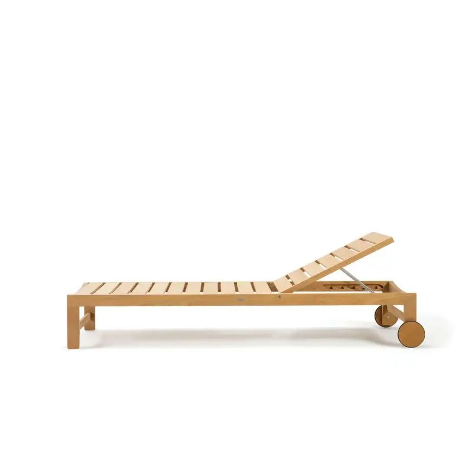 Superior Ethimo Sand lounger crafted in Italy with warm medium-toned brown wood and a smooth satin finish