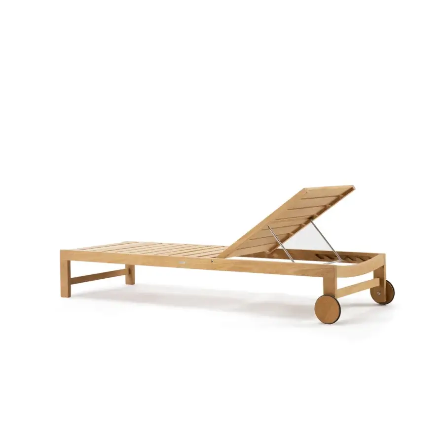 Elegant Ethimo Sand lounger crafted in Italy with warm medium-toned brown wood and a smooth satin finish
