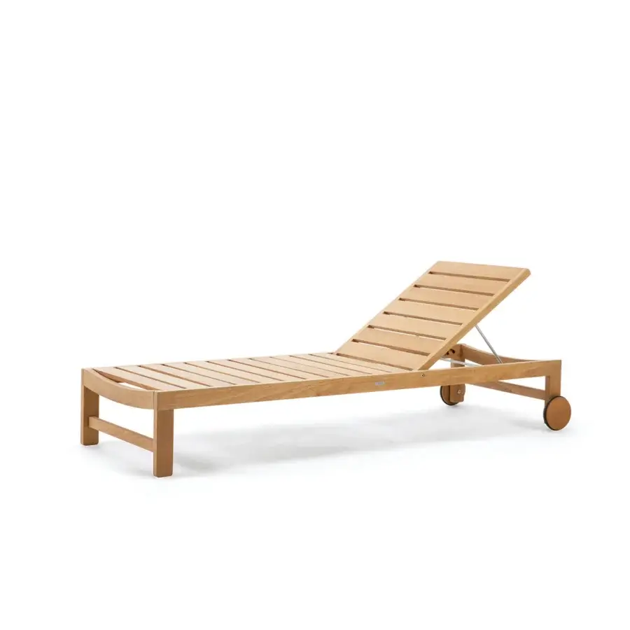 Distinguished Ethimo Sand lounger crafted in Italy with warm medium-toned wood and a smooth satin finish