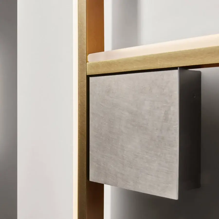 Exclusive VENICEM Essence wall lamp in textured pewter with golden-toned wood accent and integrated STRIP LED lighting