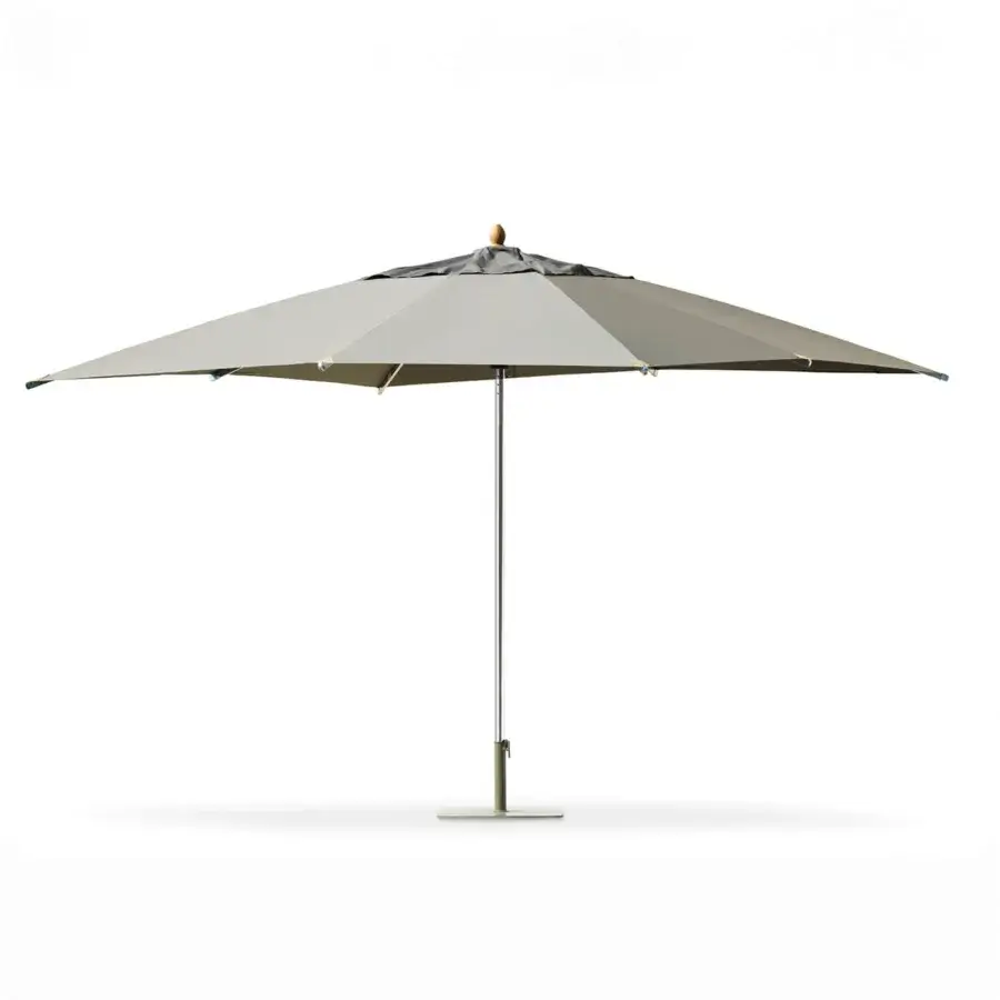 Distinguished Ethimo Free Umbrella parasol in muted beige textile with satin-finish metal and a light-colored wooden finial