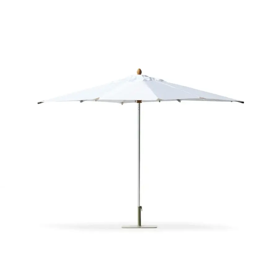 Elegant Ethimo Free Umbrella parasol in white textile with satin metal and light-toned wood detailing