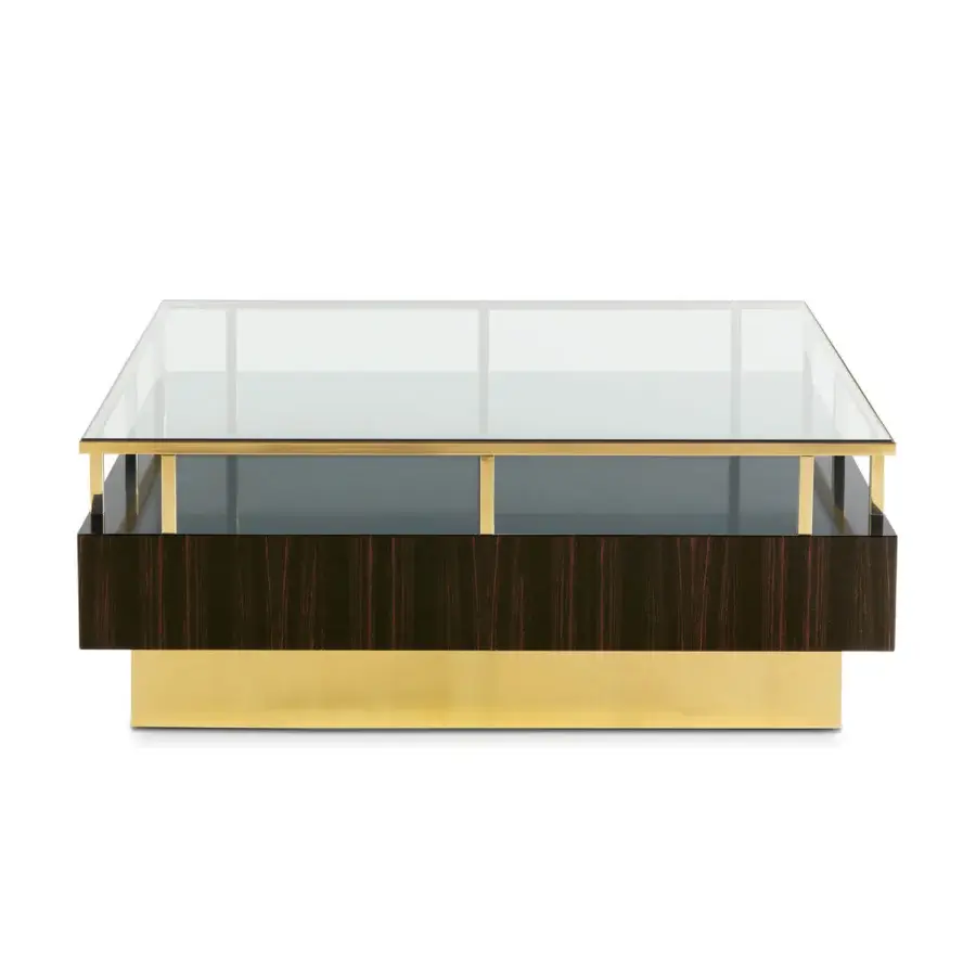 Elegant Zanaboni T139 coffee table crafted with ebony and brass, supporting a transparent glass top with glossy finish