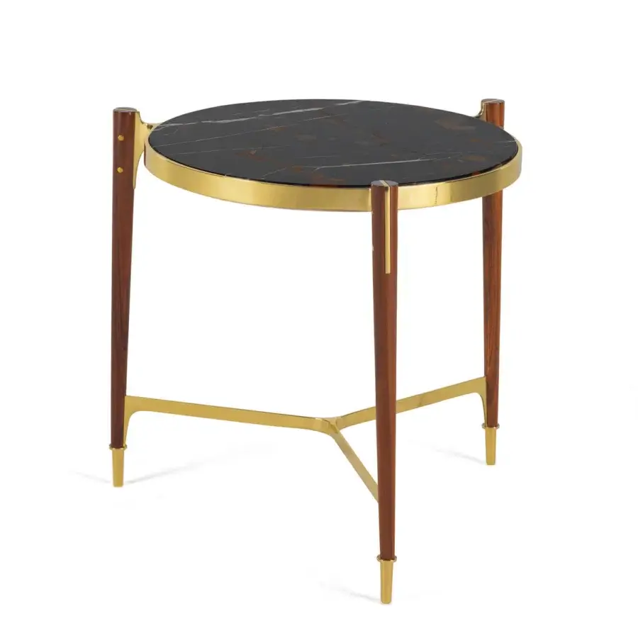 Distinguished Zanaboni T156/S side table with black marble top and brilliant gold finished solid brass base built with rosewood legs