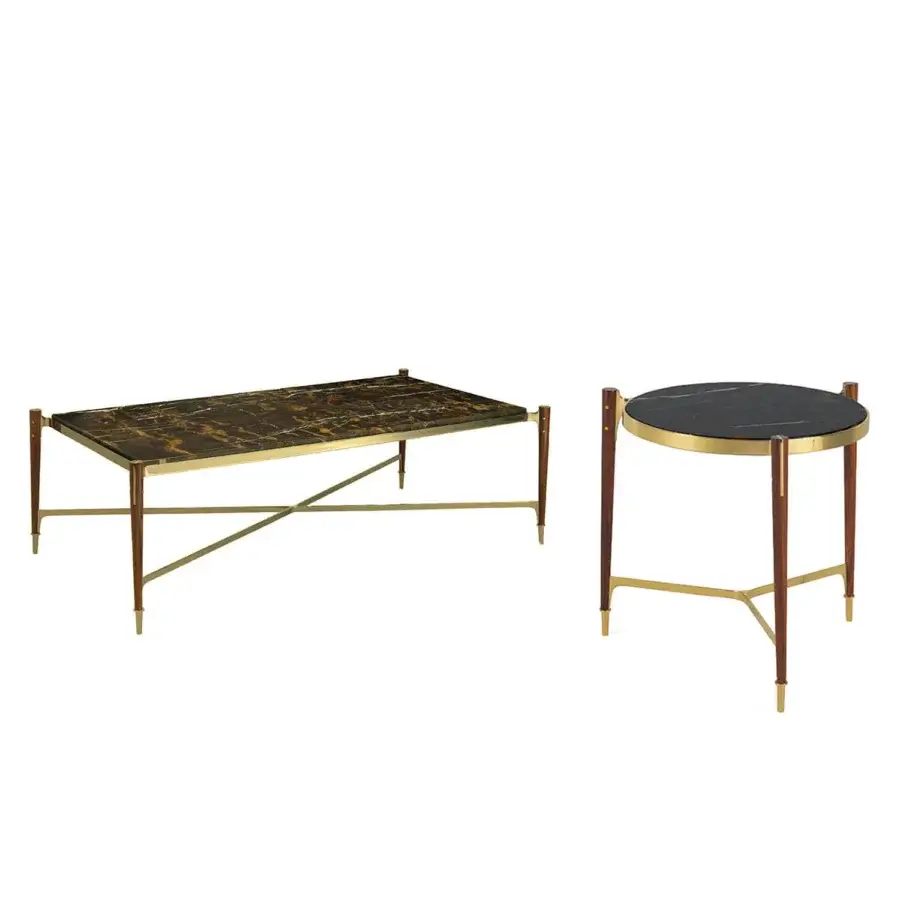 Superior Zanaboni T156/R coffee table with black marble top, brilliant gold-finish brass base and refined rosewood legs