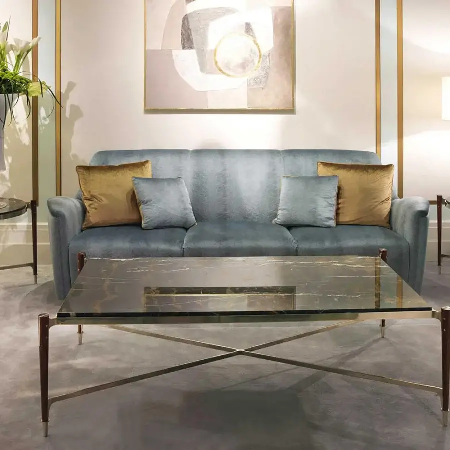 Elegant Zanaboni T156/R coffee table with black marble top and rosewood legs in gold-finish brass