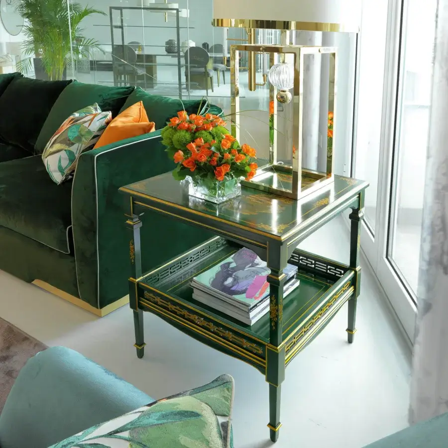 Lavish Zanaboni T165/S side table with wooden structure, deep emerald green finish and golden landscapes hand-painted with gold-leaf detailing