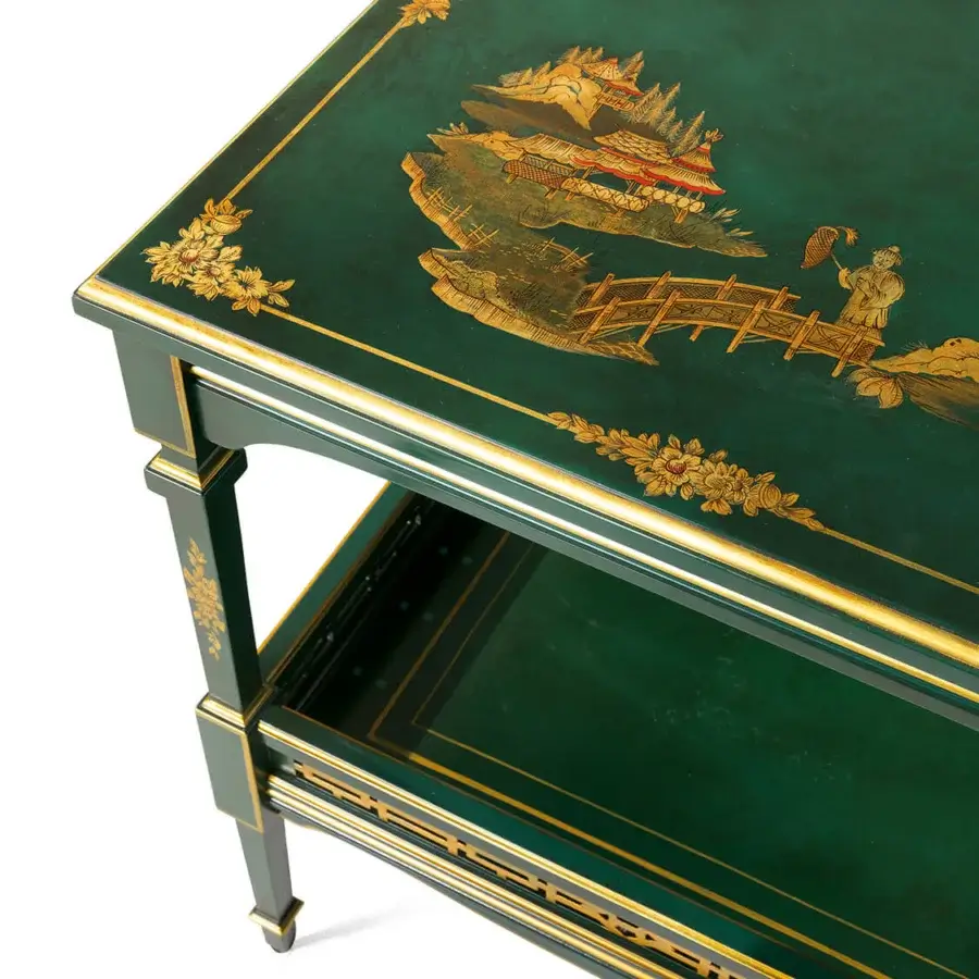 Exquisite Zanaboni T165/S side table crafted with wood, a deep emerald green finish and hand-painted golden landscapes