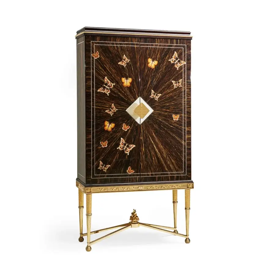 Distinguished Zanaboni W064 cupboard crafted with palm wood, precious wood inlay and 24kt gold brass handles