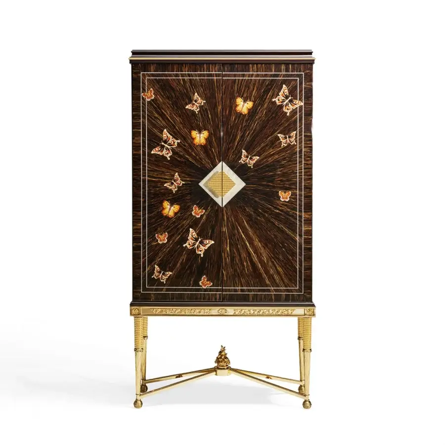 Exquisite Zanaboni W064 cupboard crafted with palm wood, precious wood inlay and 24kt gold-plated brass accents