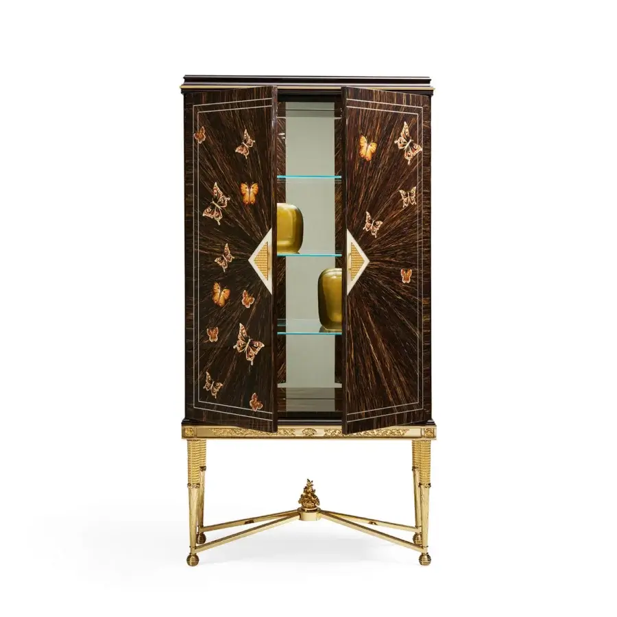 Lavish Zanaboni W064 cupboard built with palm wood, precious wood inlay, brass handles with 24kt gold finish and ornate metal base