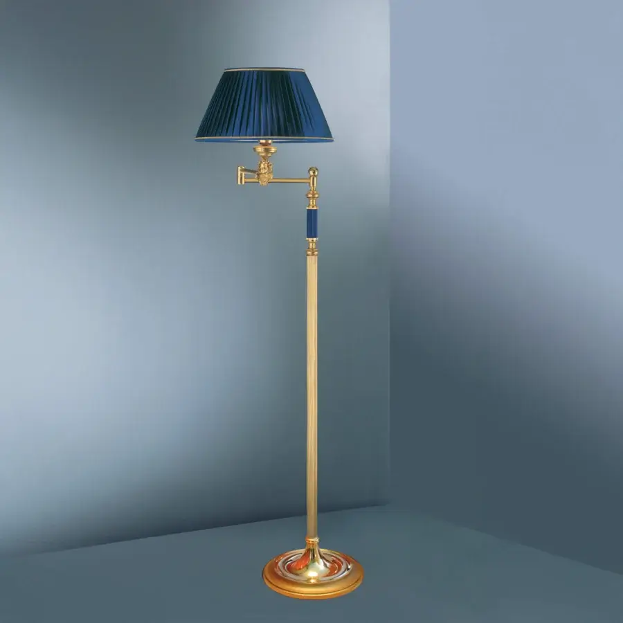 Superior Laudarte Angelo floor lamp crafted in bronze with 24K ancient gold plating and a dark blue pleated lampshade