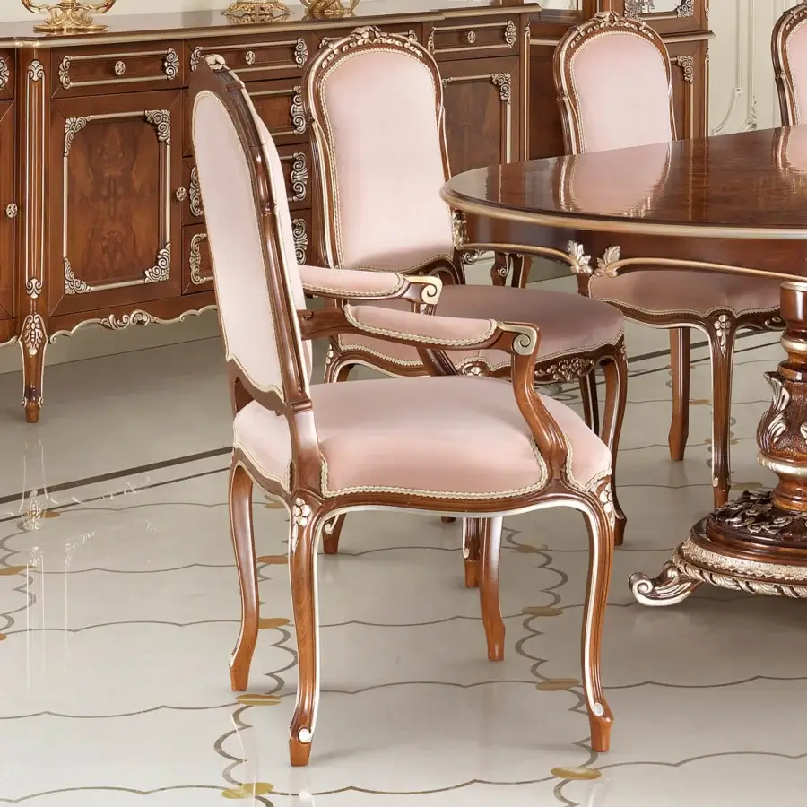 Lavish Modenese Noble Etiquette chair in pale pink textile with silver leaf details and glossy wood finish