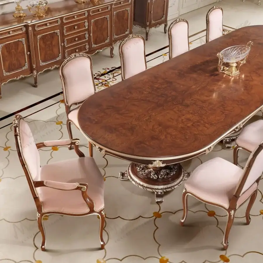 Superior Modenese Noble Etiquette chair in pale pink textile with silver leaf details and reddish-brown finish