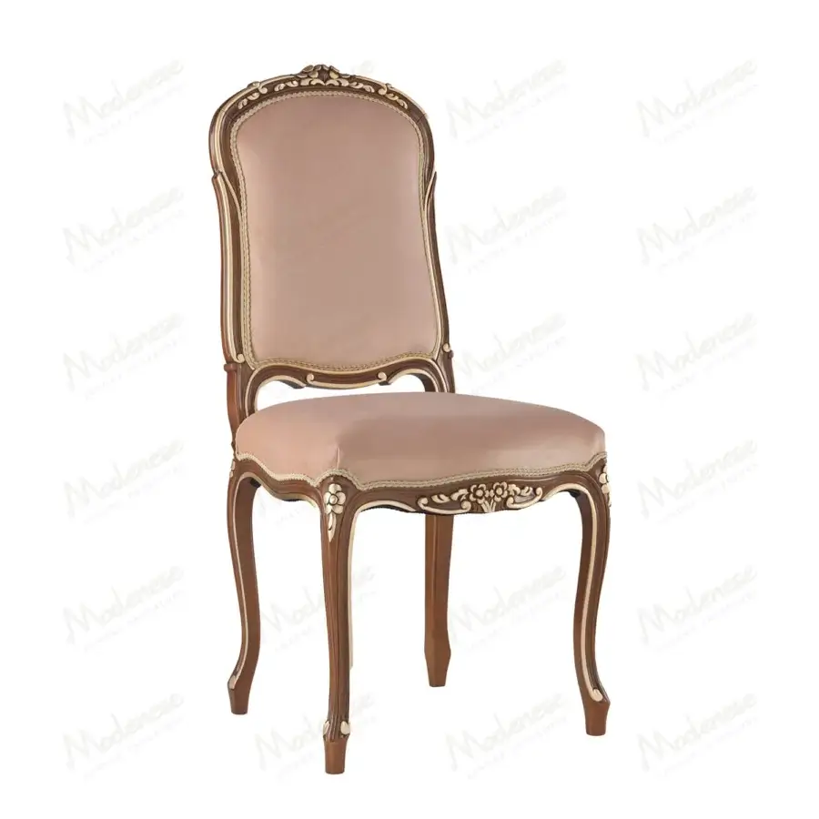 Exquisite Modenese Noble Etiquette chair in blush pink textile with silver leaf and warm brown wood finish