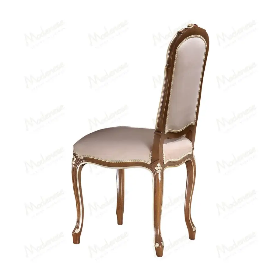 Lavish Modenese Noble Etiquette chair crafted in solid wood with glossy reddish-brown finish and muted brown textile upholstery with silver leaf
