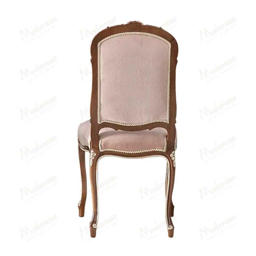 Superior Modenese Noble Etiquette chair in dusty rose textile with hand-applied silver leaf and glossy varnished solid wood frame