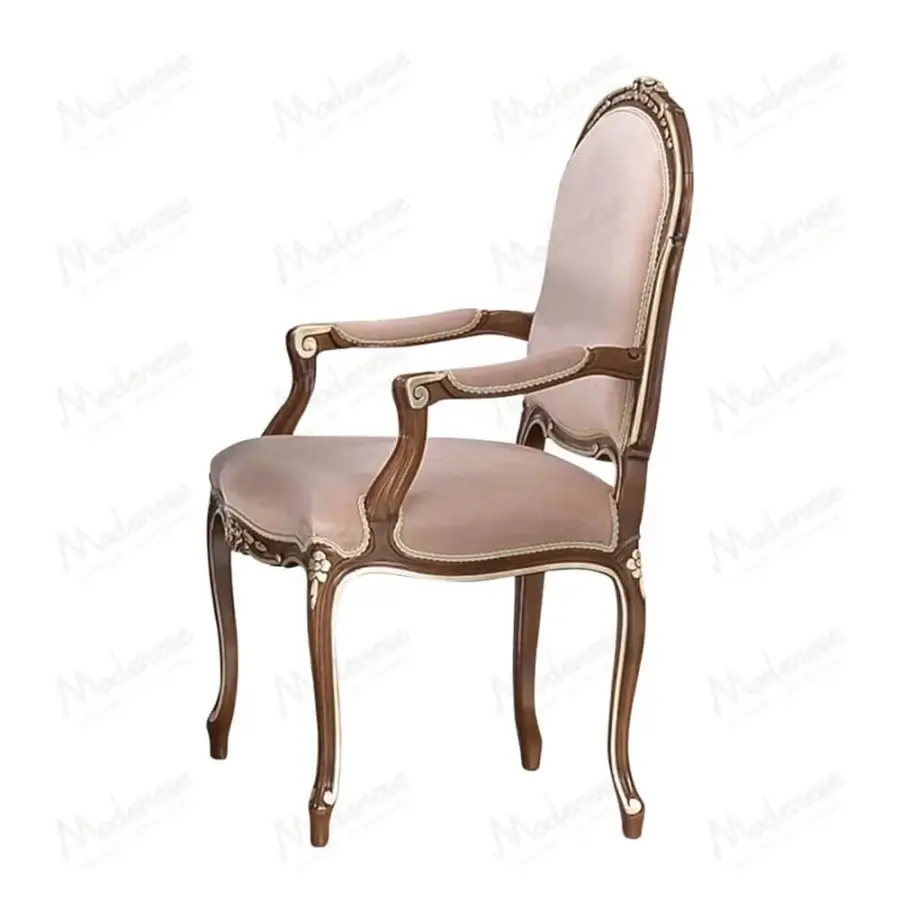Exquisite Modenese Noble Etiquette chair in pale grey textile with silver leaf details and glossy golden-brown wood frame