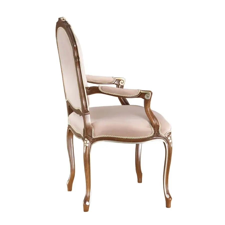 Lavish Modenese Noble Etiquette chair in pale pink textile with satin finish and hand-applied silver leaf details