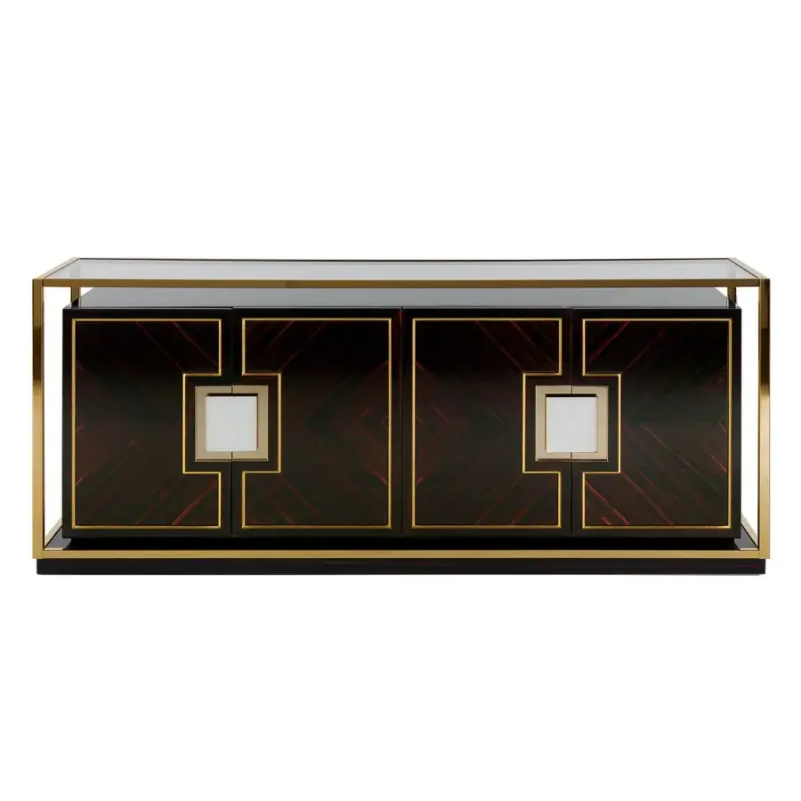 Superior Zanaboni B/5091 sideboard crafted from ebony with brass framing and subtle off-white inlays with a glossy sheen