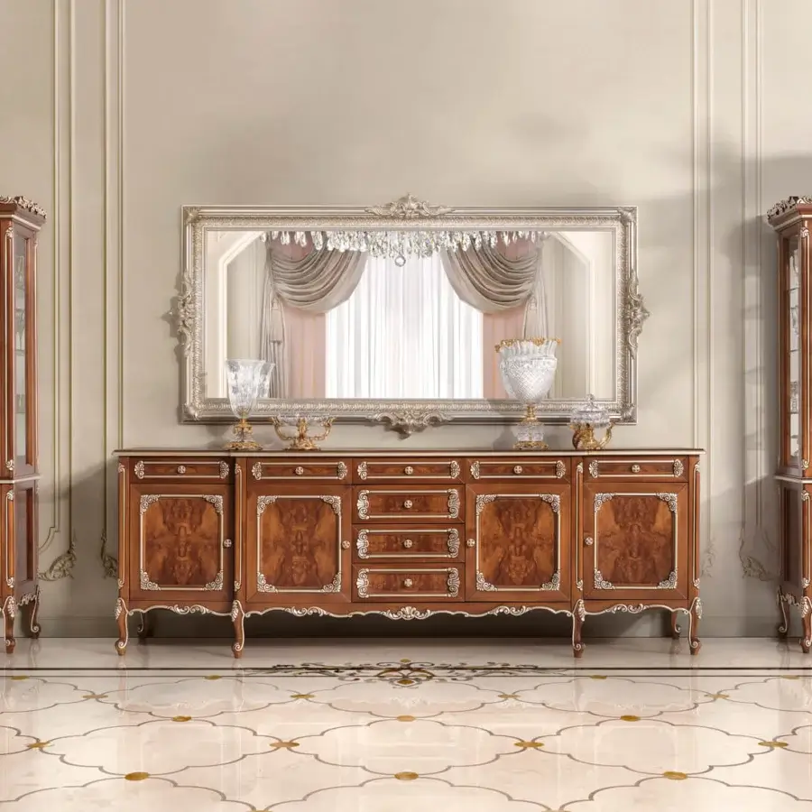 Superior Modenese Noble Etiquette mirror crafted in reddish-brown wood with gilded floral motifs and glossy finish
