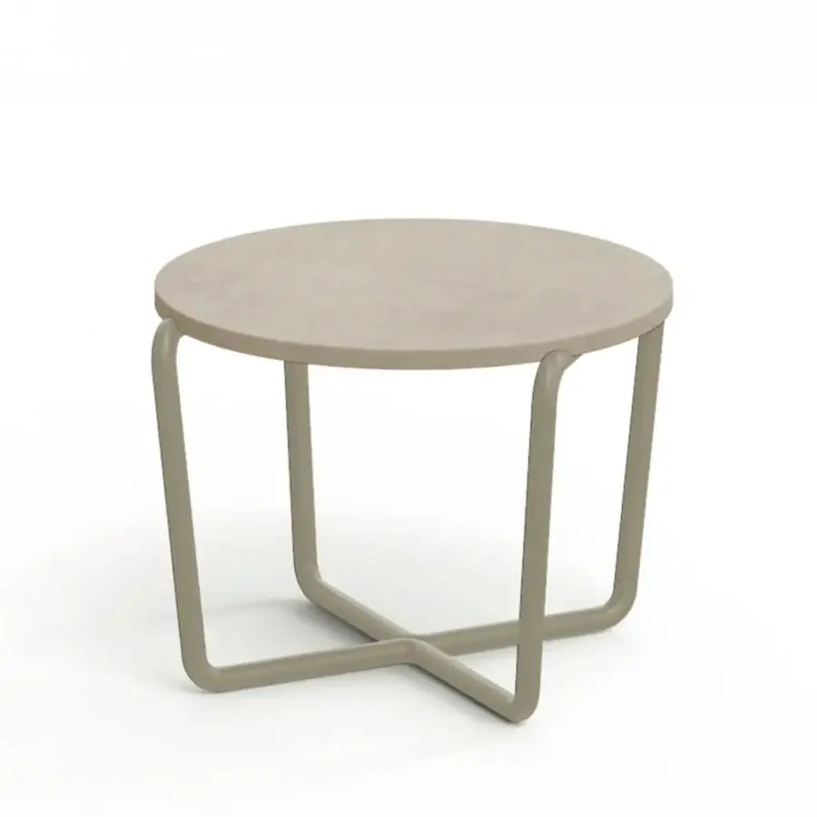 Distinguished Ethimo Sling Side Table crafted in Italy with a sleek circular form and light warm gray finish