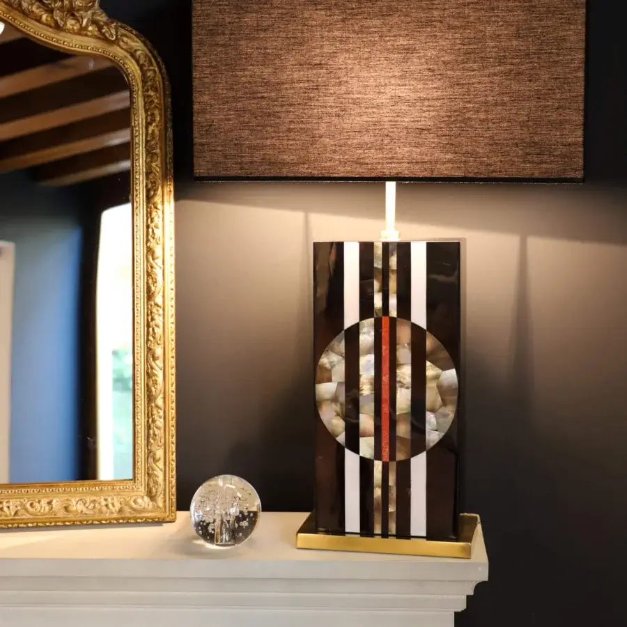 Distinguished Laudarte Rock Table Lamp crafted in brass with a meticulous hand-assembled mosaic of stone and mother of pearl
