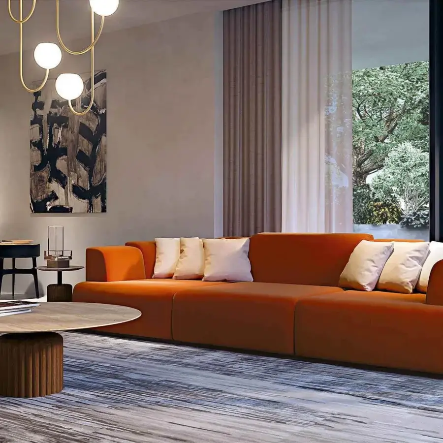 Captivating Zanaboni Nouvelle Vague sofa with bold orange textile upholstery and Canaletto walnut-stained wooden base