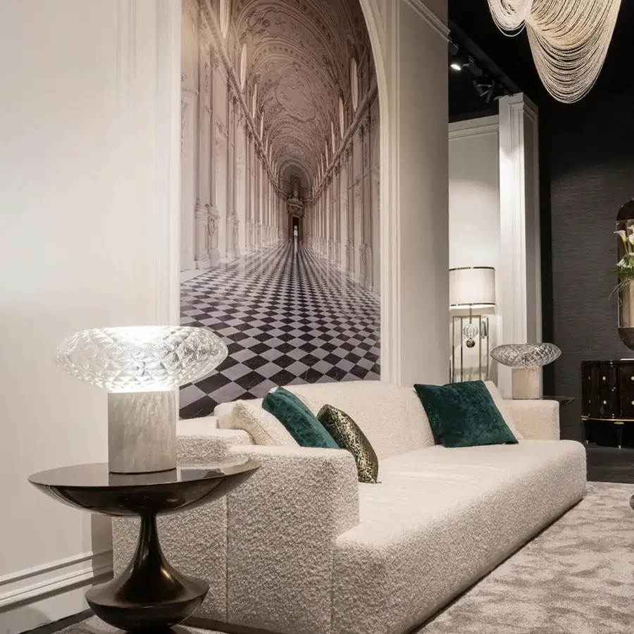 Distinguished Zanaboni Nouvelle Vague sofa with textured light beige bouclé upholstery and Canaletto walnut-stained wooden base