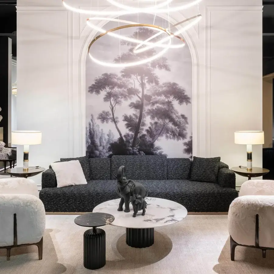 Superior Zanaboni Nouvelle Vague sofa with dark gray textile upholstery and Canaletto walnut-stained wooden base