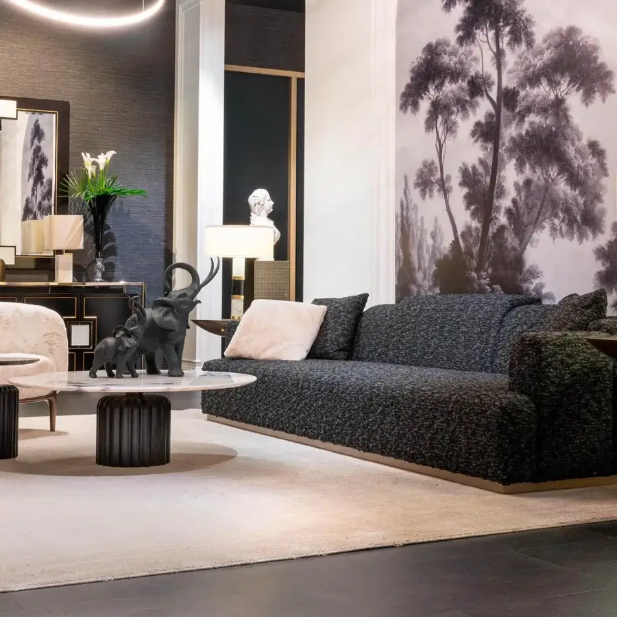 Elegant Zanaboni Nouvelle Vague sofa with dark gray textured textile upholstery and Canaletto walnut-stained wooden base