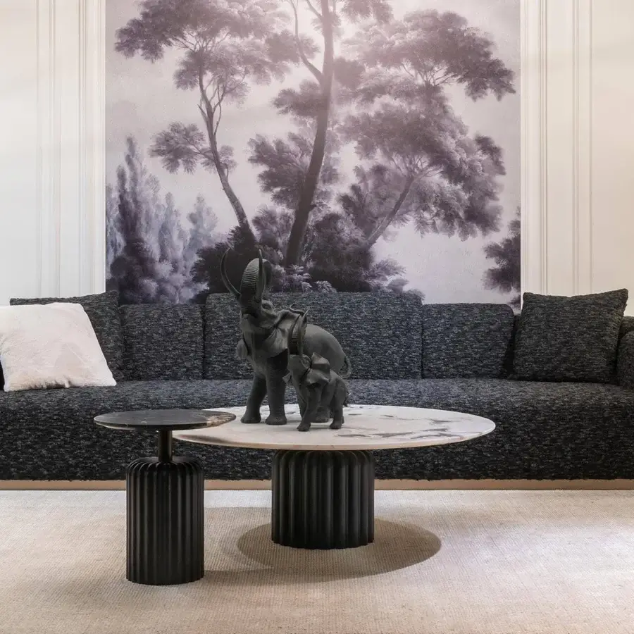 Distinguished Zanaboni Nouvelle Vague sofa with charcoal gray textured fabric upholstery and Canaletto walnut-stained wooden base crafted with a matte finish