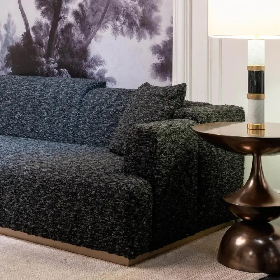 Captivating Zanaboni Nouvelle Vague sofa with dark muted blue-gray looped textile upholstery and Canaletto walnut-stained wooden base