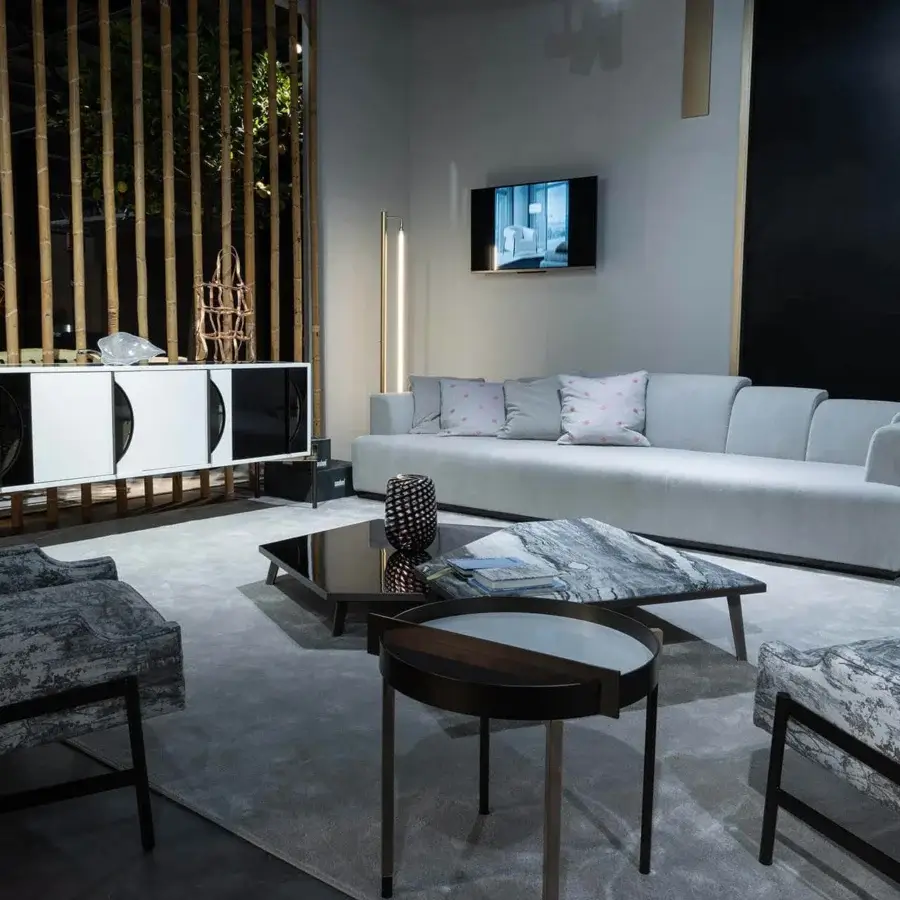 Superior Zanaboni Nouvelle Vague sofa with muted gray textured textile upholstery and Canaletto walnut-stained wooden base