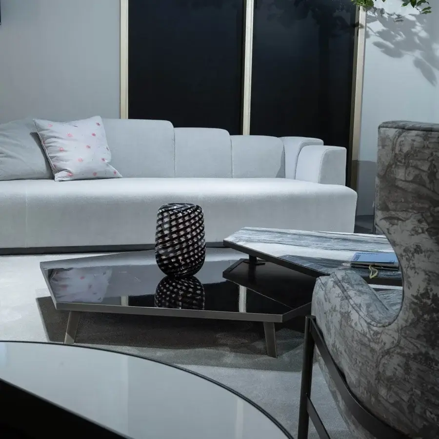 Innovative Zanaboni Nouvelle Vague sofa with light gray textile upholstery and Canaletto walnut-stained wooden base
