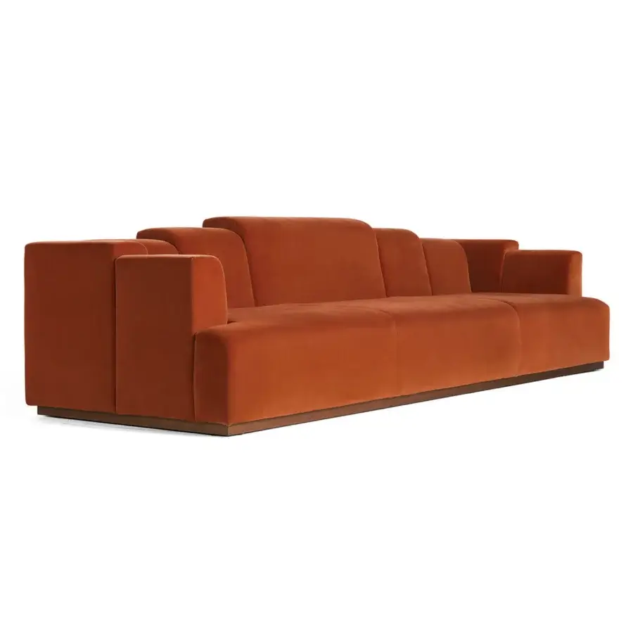 Distinguished Zanaboni Nouvelle Vague sofa with warm muted orange textured textile upholstery and Canaletto walnut-stained wooden base
