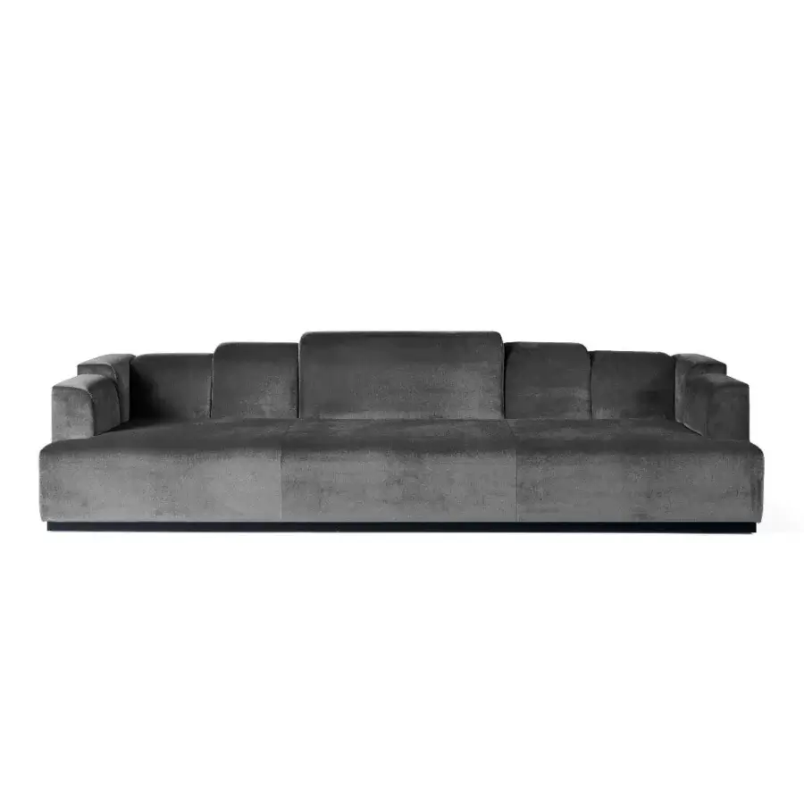 Exceptional Zanaboni Nouvelle Vague sofa with muted gray textured textile upholstery and Canaletto walnut-stained wooden base