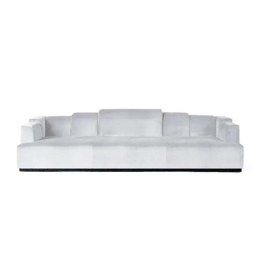 Architectural Zanaboni Nouvelle Vague sofa in plush pale gray textile with Canaletto walnut-stained wooden base