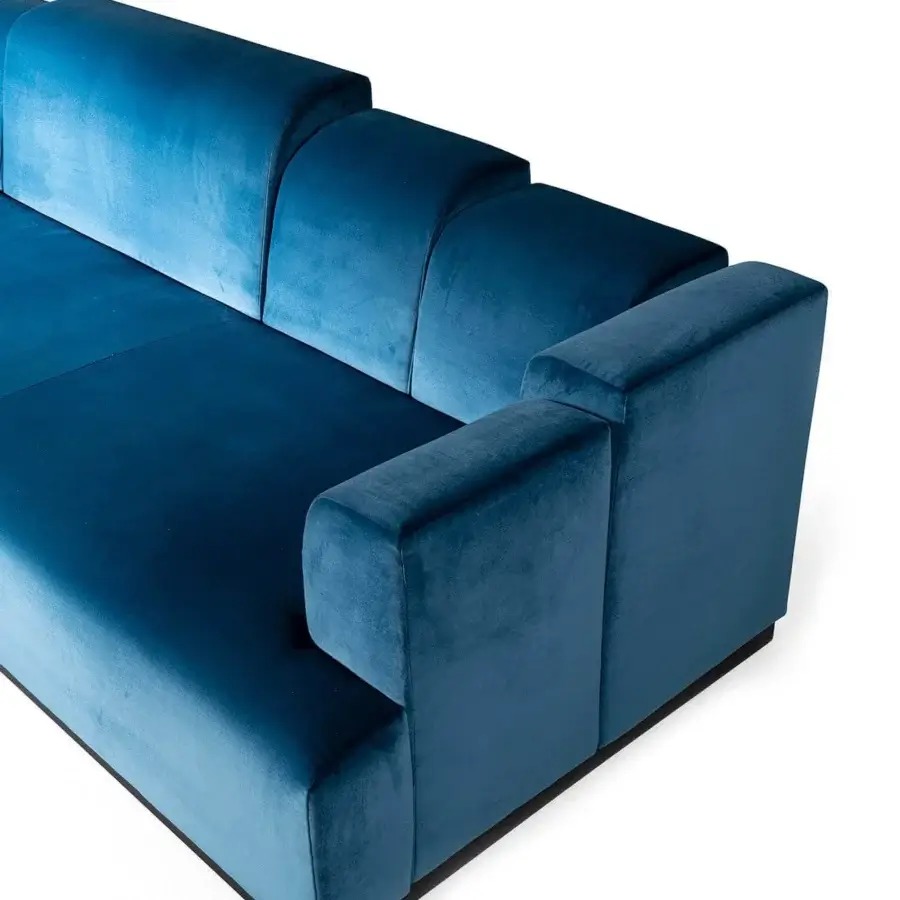 Innovative Zanaboni Nouvelle Vague sofa in plush teal velvet with Canaletto walnut-stained wooden base